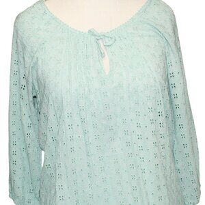 New Directions Polished Women's Teal Eyelet Top Medium Rayon Cotton Ruffle Trim